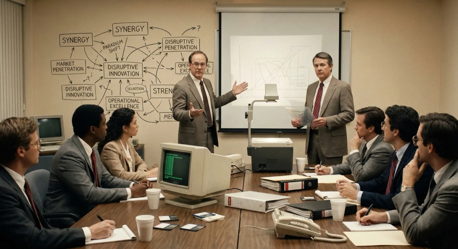 80s corporate boardroom with projector, chaotic strategy boxes, and the caption about management vibe coding